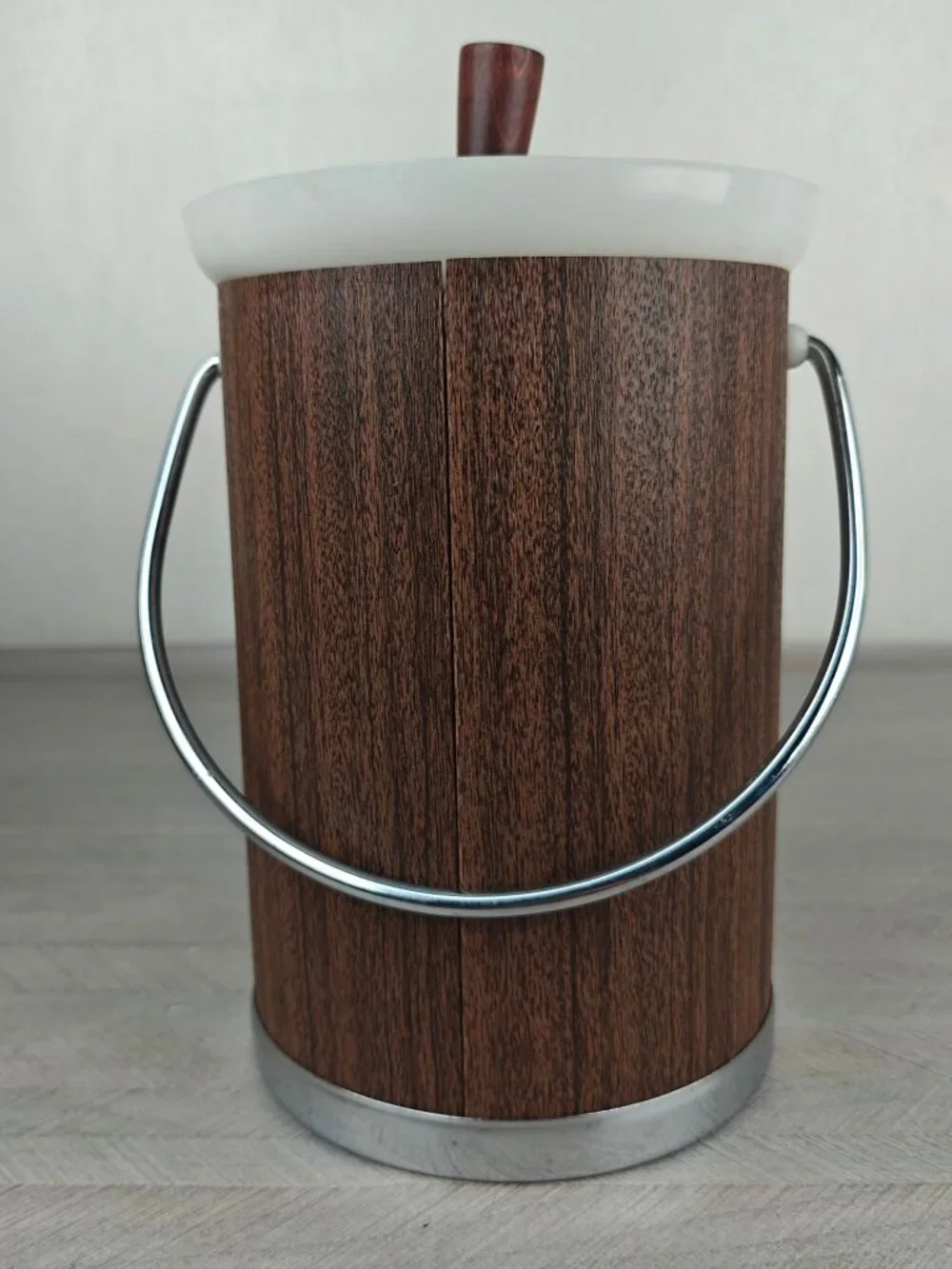Vintage Kromex Chrome & Woodgrain Ice Bucket With Lid & Tongs Mid-Century Modern